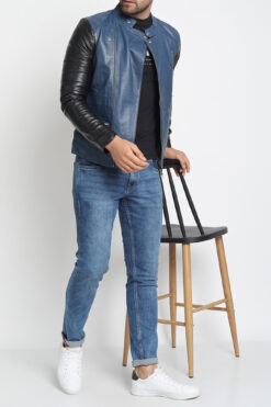 Blue Black Light Weight Biker Leather Jacket