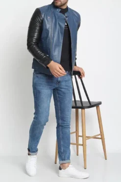 Blue Black Light Weight Biker Leather Jacket
