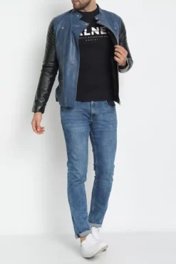 Blue Black Light Weight Biker Leather Jacket