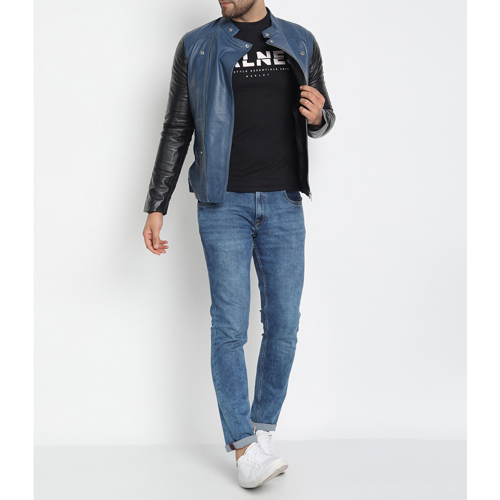 Blue Black Light Weight Biker Leather Jacket