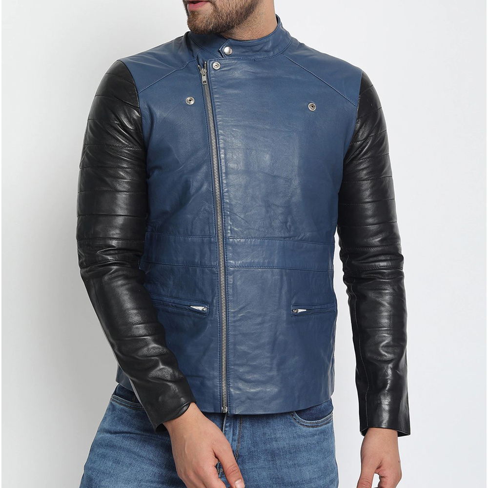 Blue Black Light Weight Biker Leather Jacket