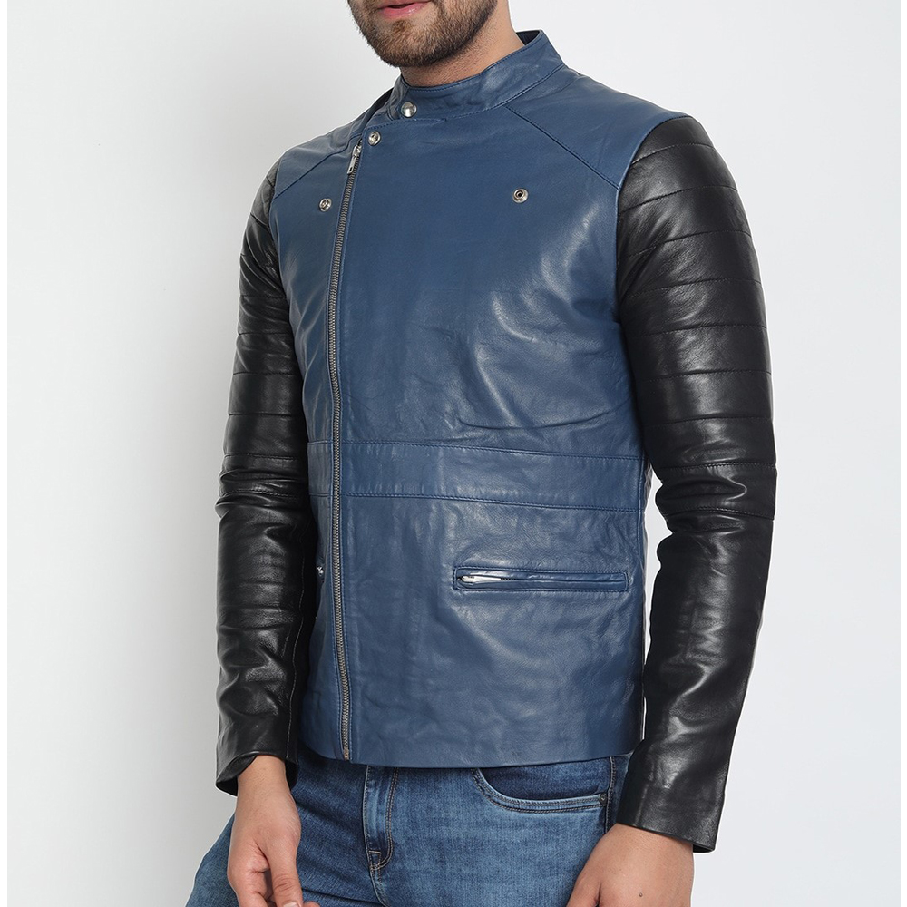 Blue Black Light Weight Biker Leather Jacket
