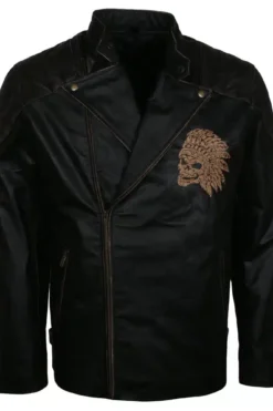 Skull Embossed Vintage Black Leather Motorcycle Jacket