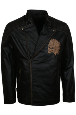 Skull Embossed Vintage Black Leather Motorcycle Jacket