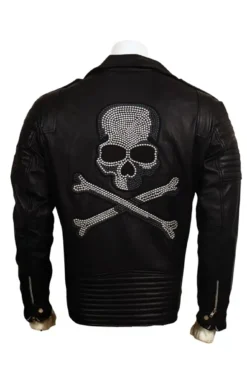 Skull Embroidered Black Leather Biker Jacket