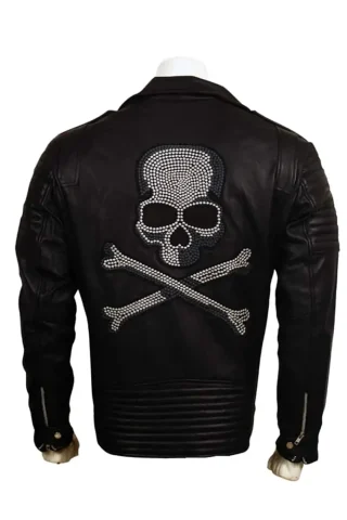 Skull Embroidered Black Leather Biker Jacket