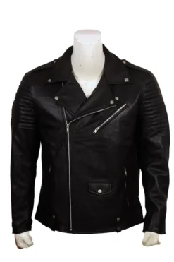 Skull Embroidered Black Leather Biker Jacket