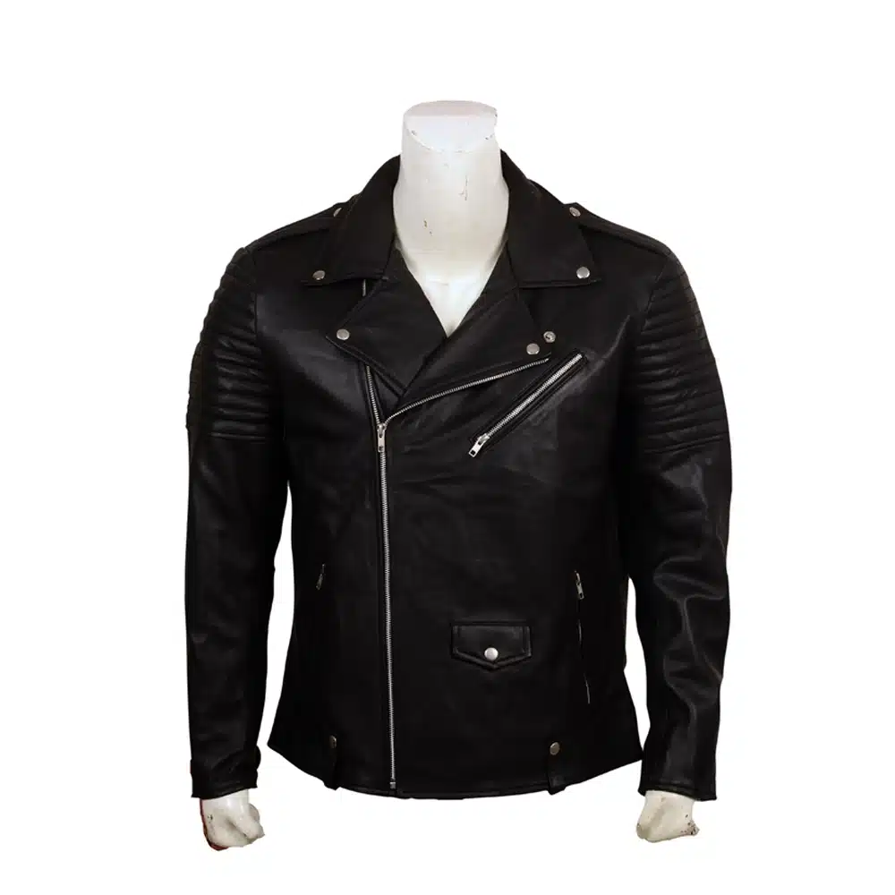Skull Embroidered Black Leather Biker Jacket
