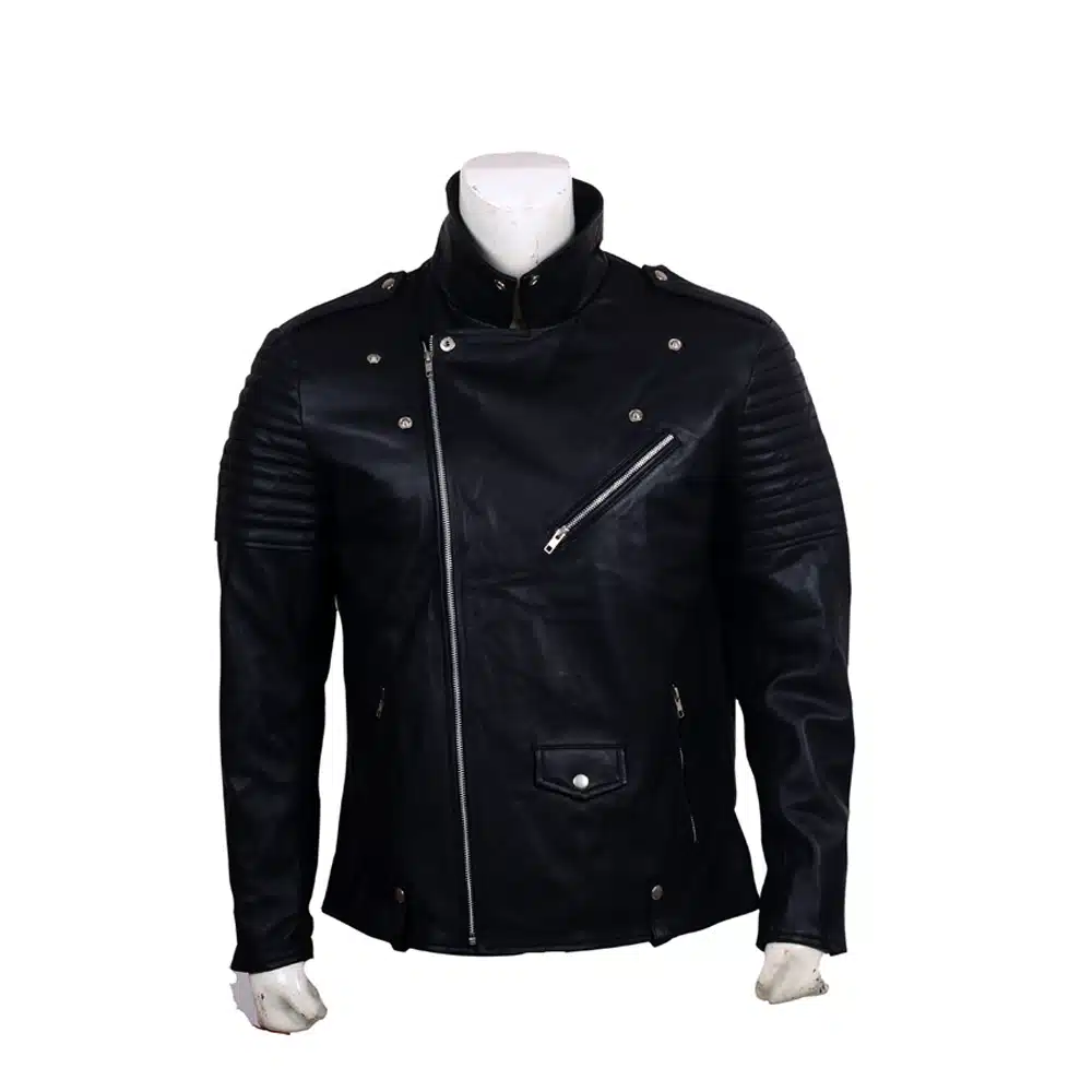 Skull Embroidered Black Leather Biker Jacket