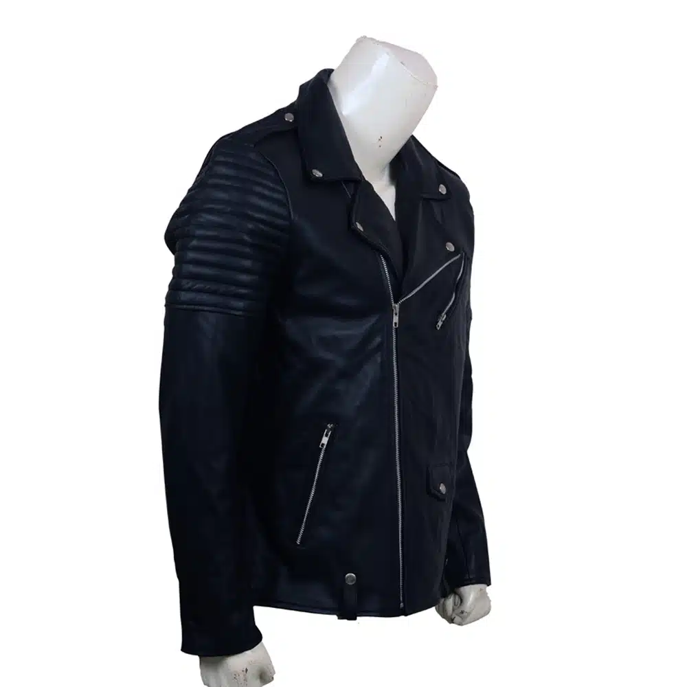 Skull Embroidered Black Leather Biker Jacket