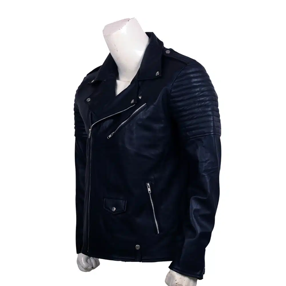 Skull Embroidered Black Leather Biker Jacket