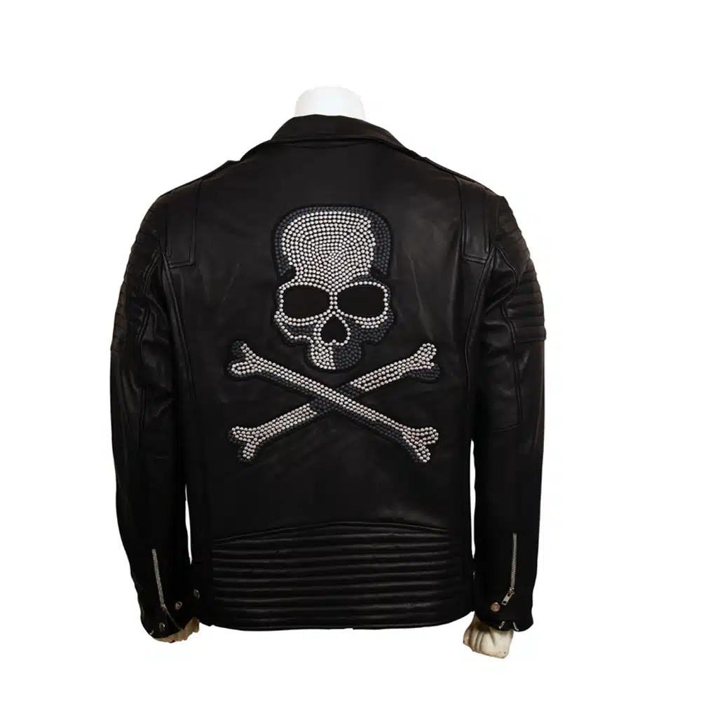 Skull Embroidered Black Leather Biker Jacket