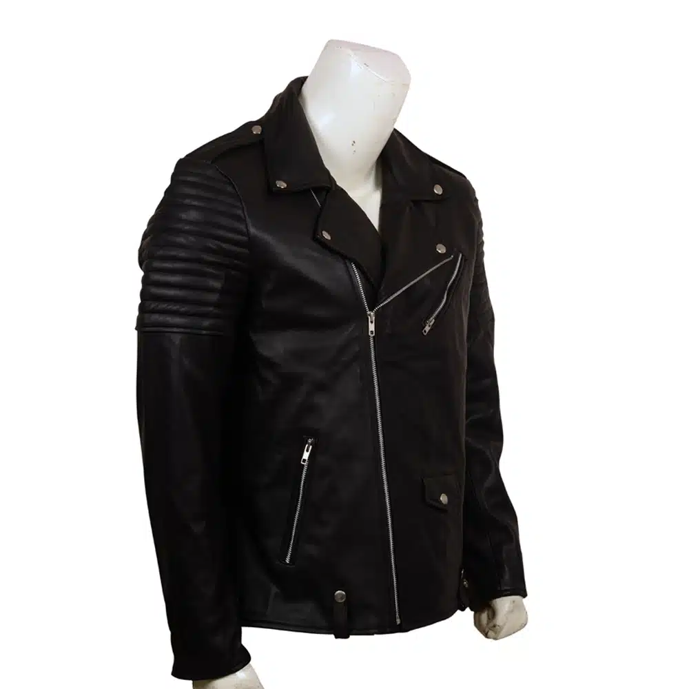 Skull Embroidered Black Leather Biker Jacket
