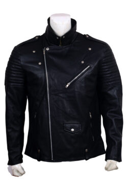 Skull Embroidered Black Leather Biker Jacket
