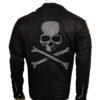 Skull Embroidered Black Leather Biker Jacket