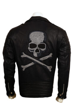 Skull Embroidered Black Leather Biker Jacket