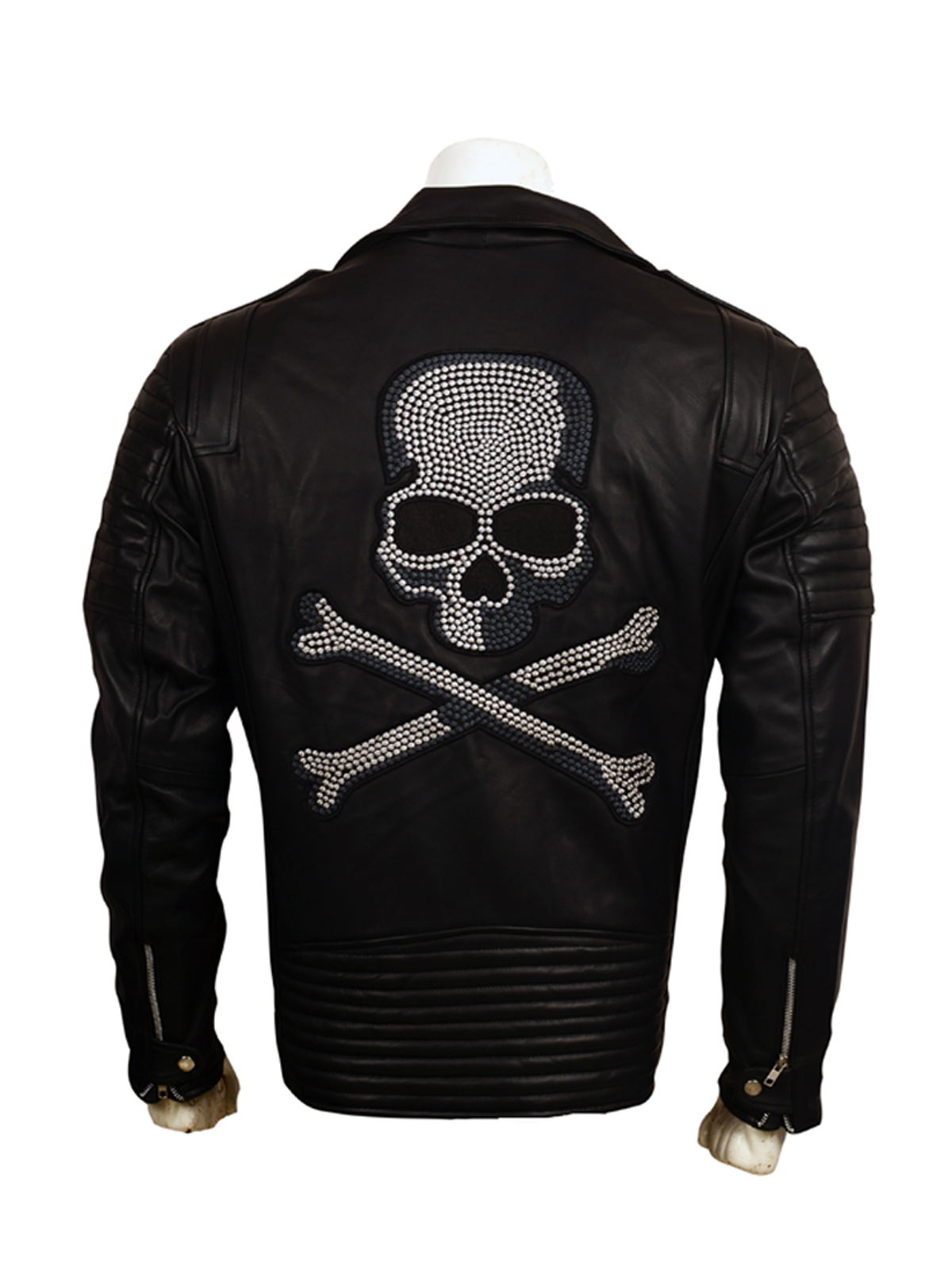 Skull Embroidered Black Leather Biker Jacket