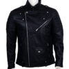 Skull Embroidered Black Leather Biker Jacket