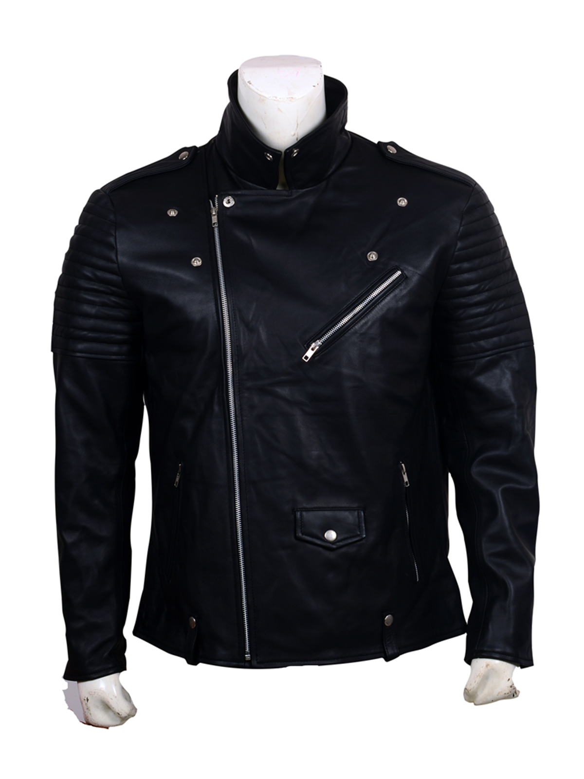 Skull Embroidered Black Leather Biker Jacket