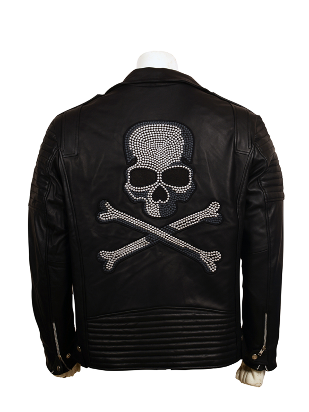 Skull Embroidered Black Leather Biker Jacket