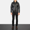Men's Bravado Black Hooded Leather Bomber Jacket 0006
