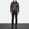 Men's Bravado Black Hooded Leather Bomber Jacket 0006