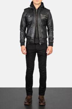 Men's Bravado Black Hooded Leather Bomber Jacket 0006