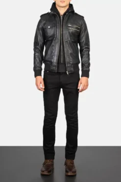 Men's Bravado Black Hooded Leather Bomber Jacket 0006