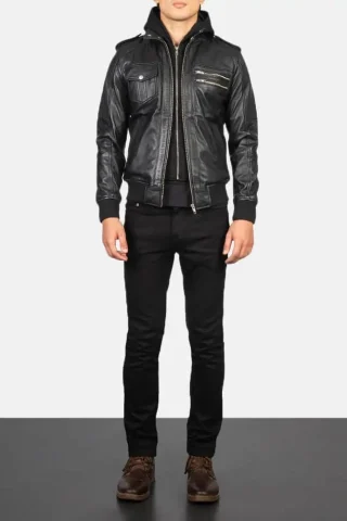 Men's Bravado Black Hooded Leather Bomber Jacket 0006