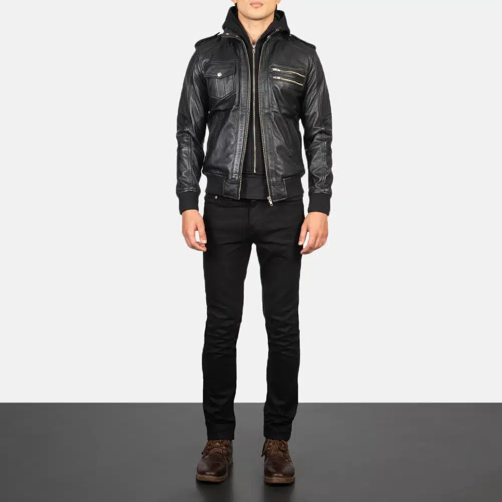 Men's Bravado Black Hooded Leather Bomber Jacket 0006