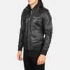 Men's Bravado Black Hooded Leather Bomber Jacket 0006