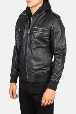 Men's Bravado Black Hooded Leather Bomber Jacket 0006