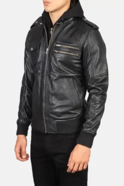 Men's Bravado Black Hooded Leather Bomber Jacket 0006