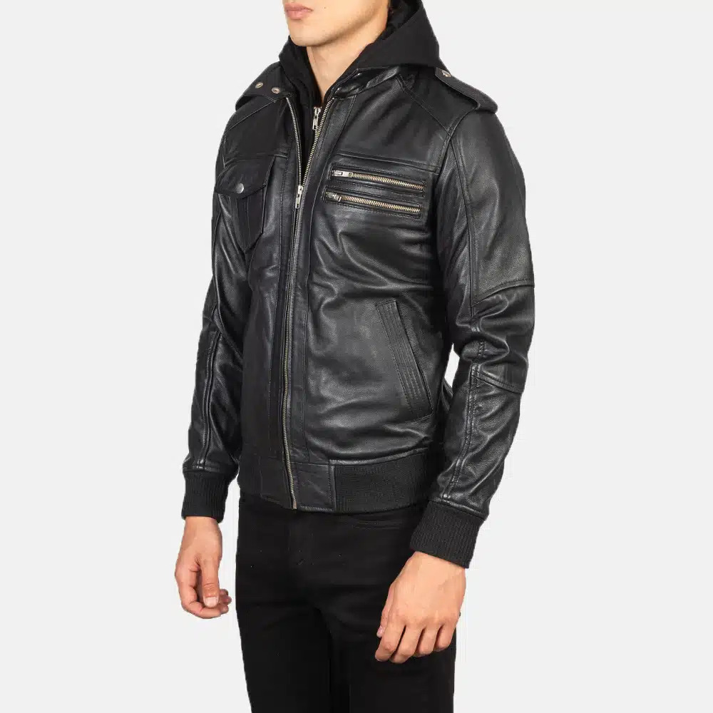 Men's Bravado Black Hooded Leather Bomber Jacket 0006