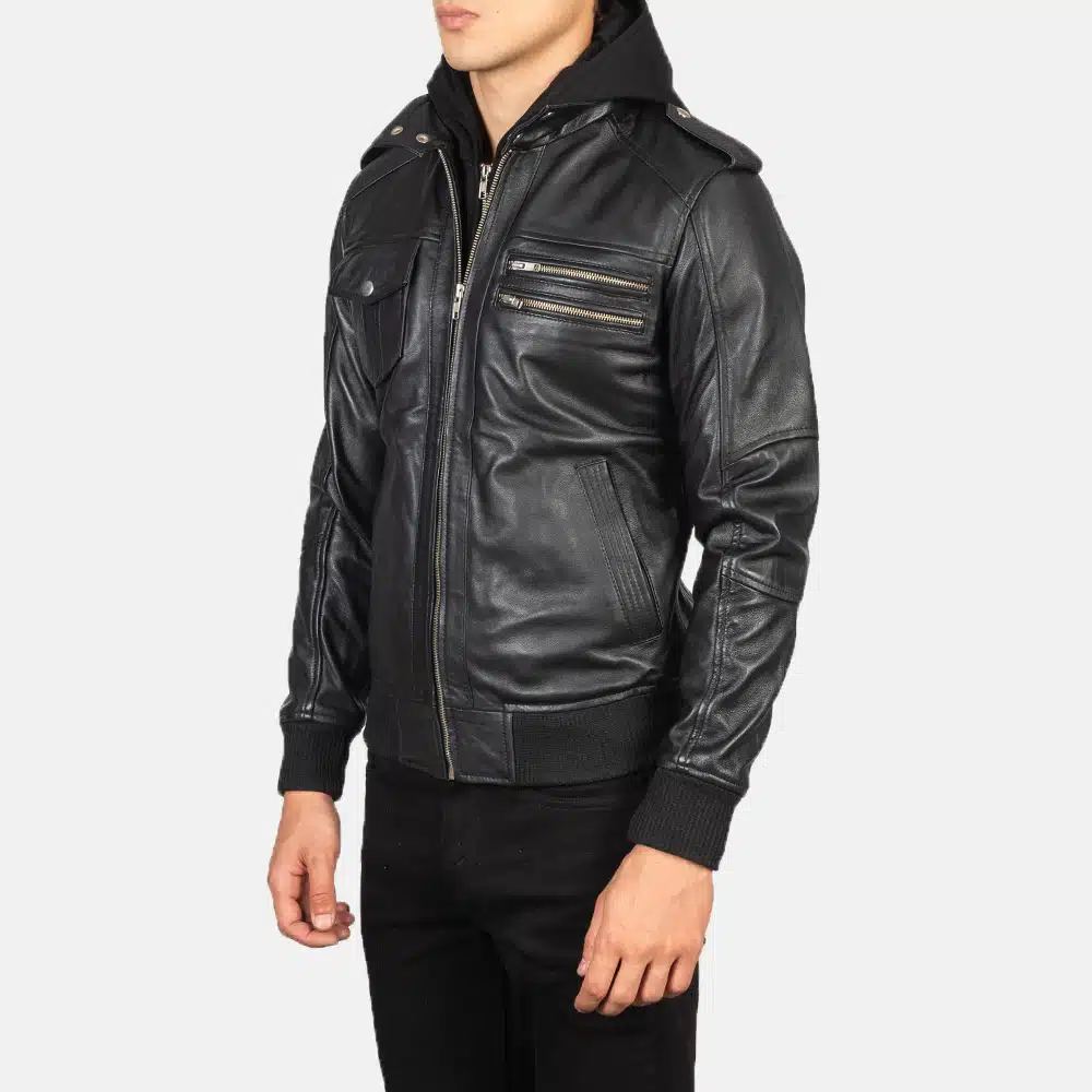Men's Bravado Black Hooded Leather Bomber Jacket 0006
