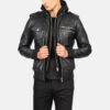 Men's Bravado Black Hooded Leather Bomber Jacket 0006