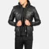 Men's Bravado Black Hooded Leather Bomber Jacket 0006