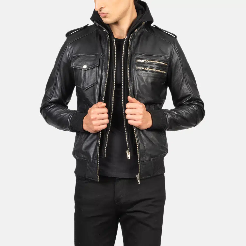 Men's Bravado Black Hooded Leather Bomber Jacket 0006