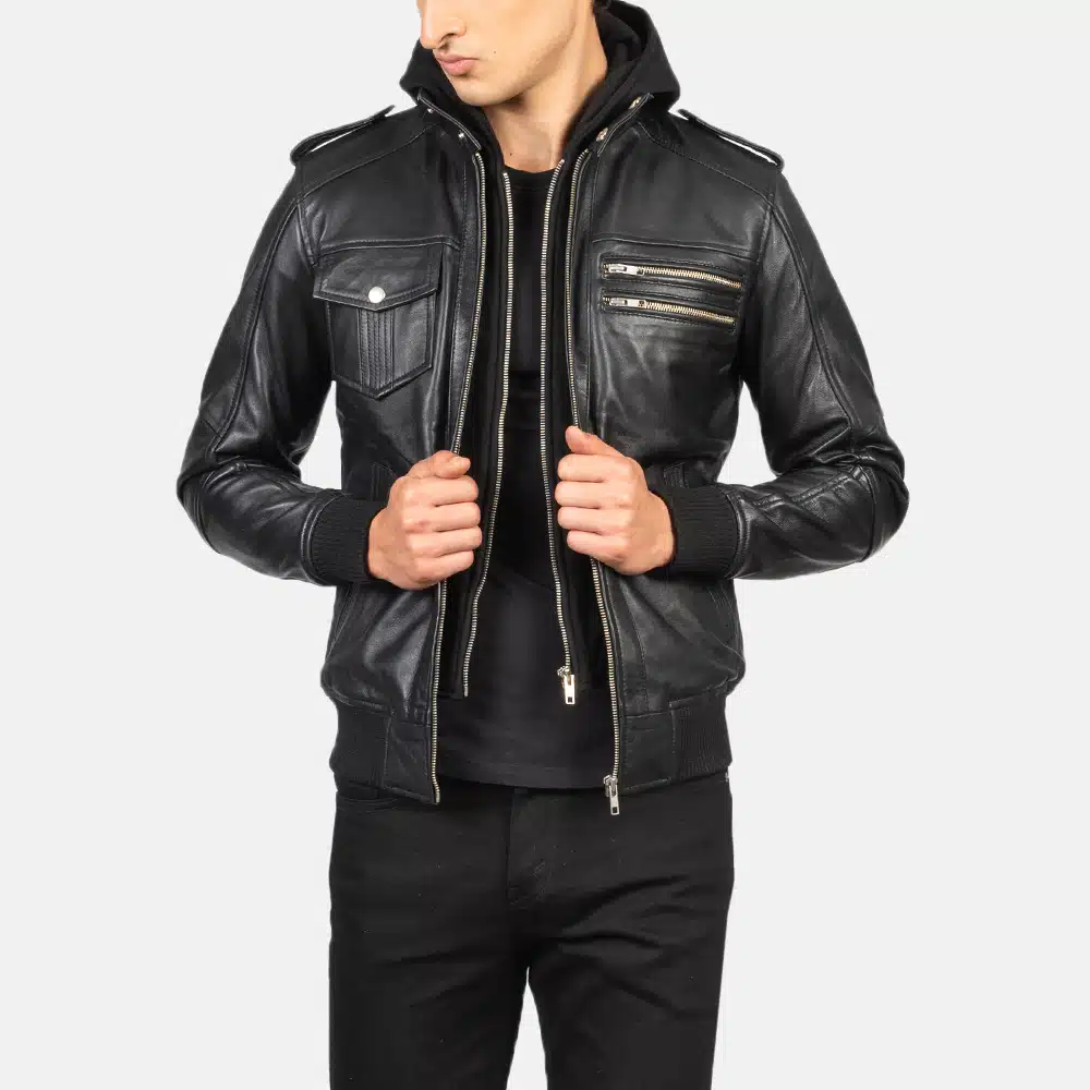 Men's Bravado Black Hooded Leather Bomber Jacket 0006