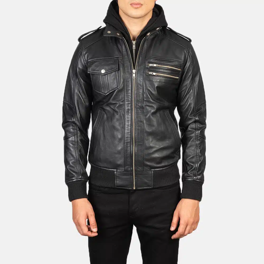 Men's Bravado Black Hooded Leather Bomber Jacket 0006