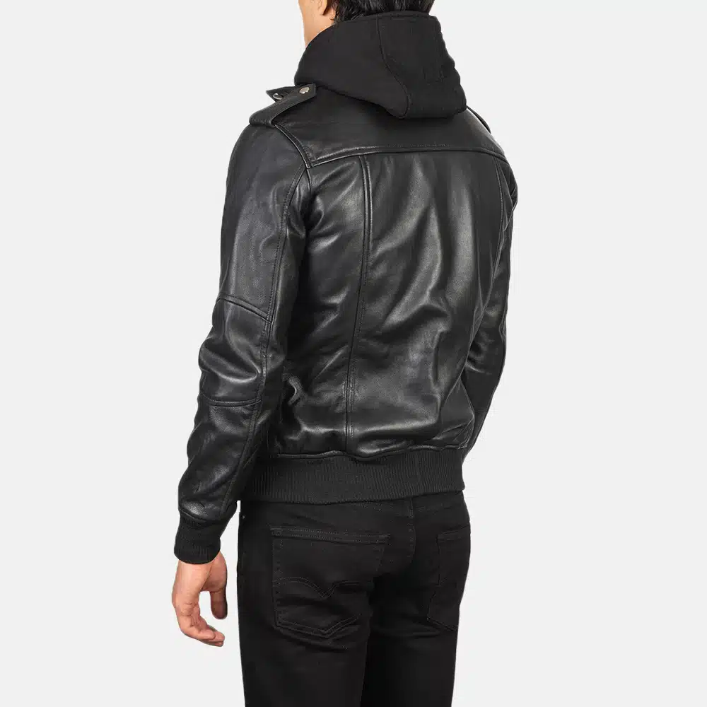 Men's Bravado Black Hooded Leather Bomber Jacket 0006