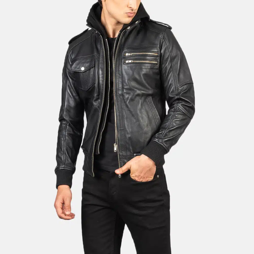 Men's Bravado Black Hooded Leather Bomber Jacket 0006