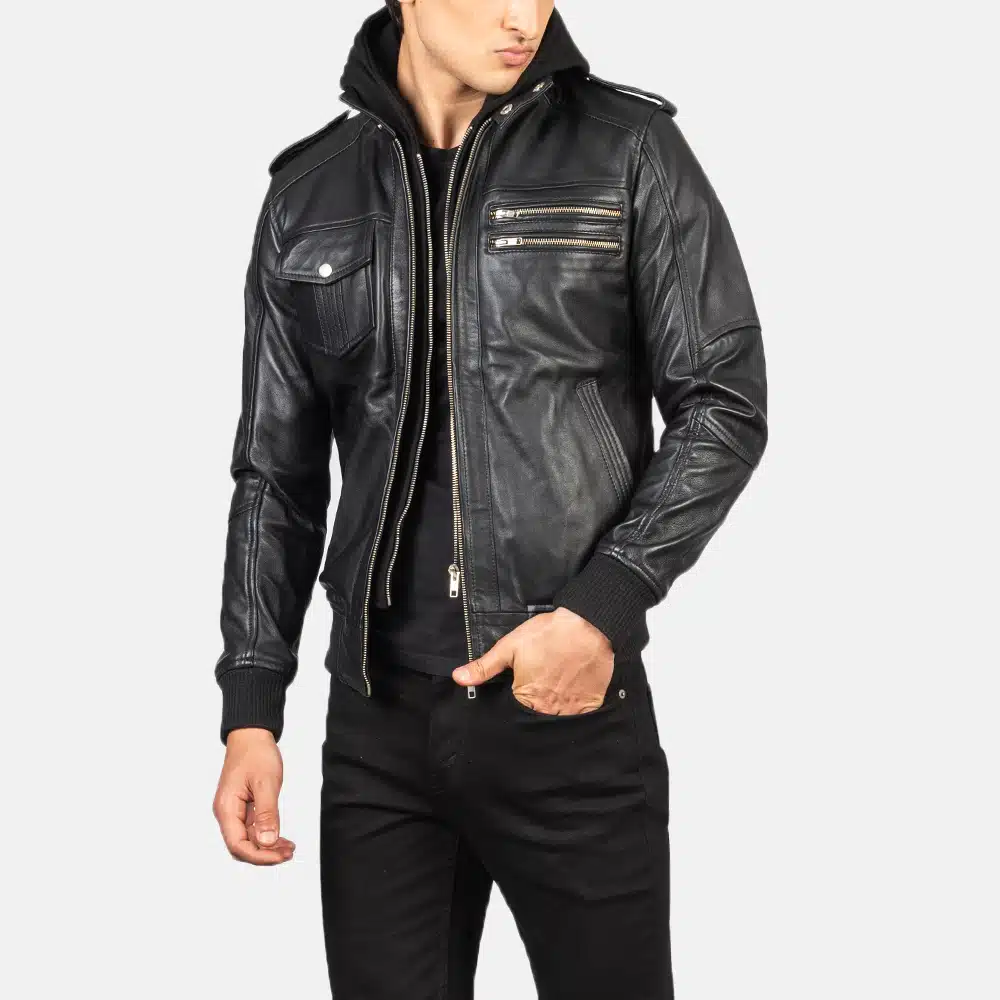 Men's Bravado Black Hooded Leather Bomber Jacket 0006