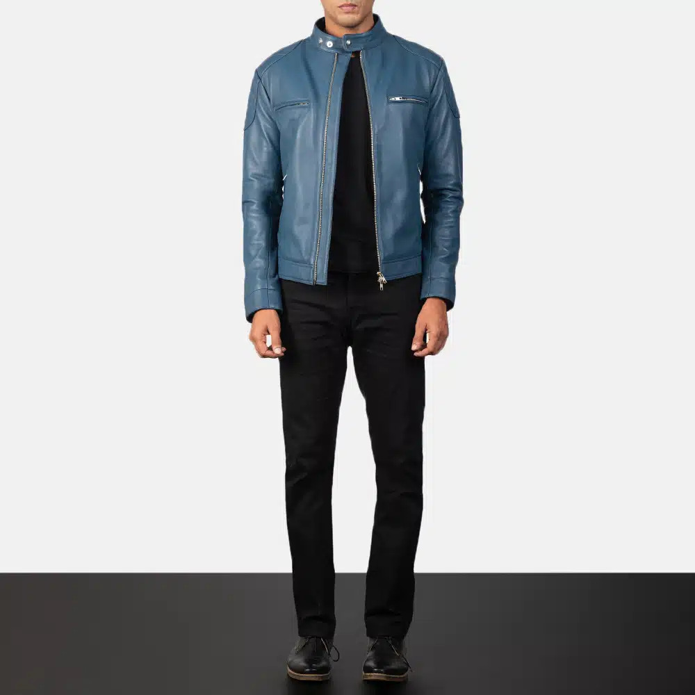 Men's Gatsby Blue Leather Biker Jacket 0022