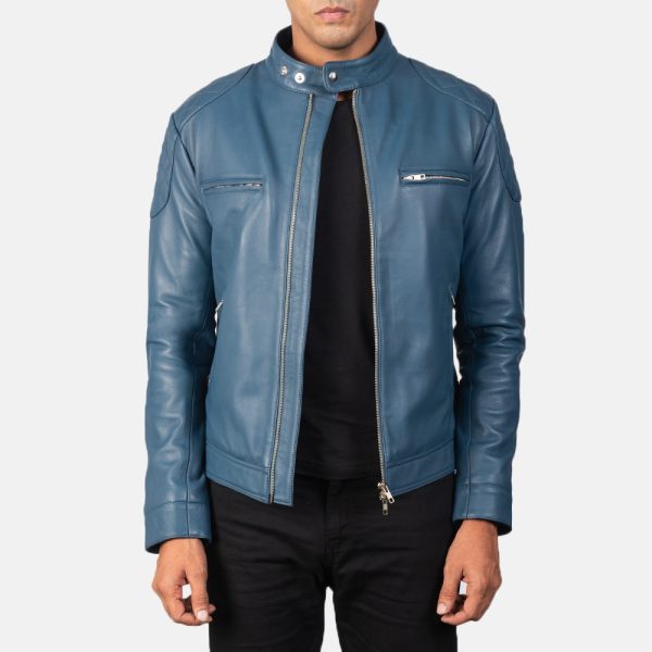 Men's Gatsby Blue Leather Biker Jacket - Leather Moto Jacket