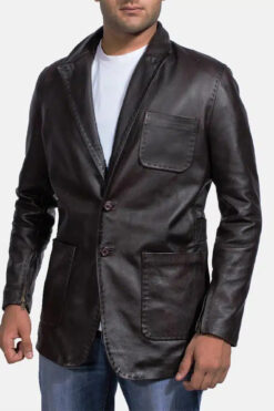 Men's Wine Black Leather Blazer
