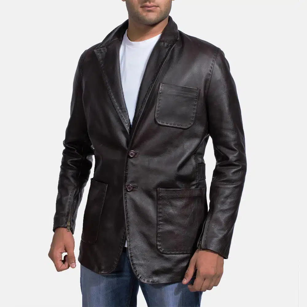 Men's Wine Black Leather Blazer