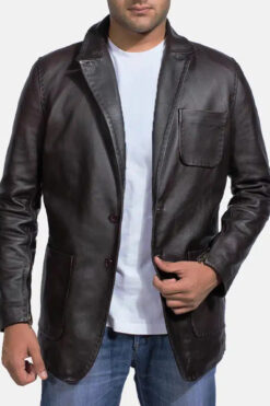 Men's Wine Black Leather Blazer
