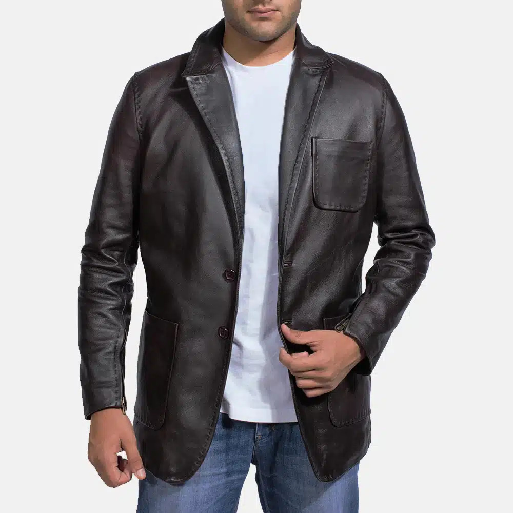 Men's Wine Black Leather Blazer