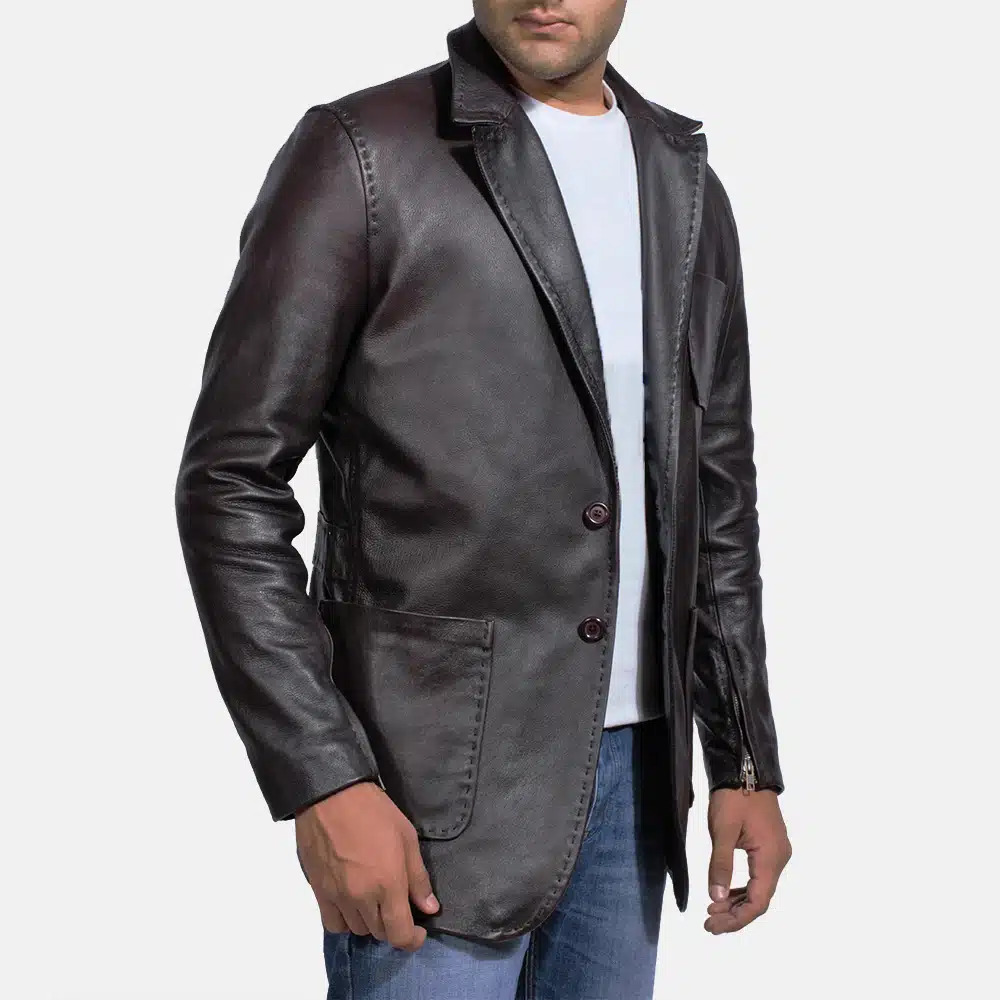 Men's Wine Black Leather Blazer